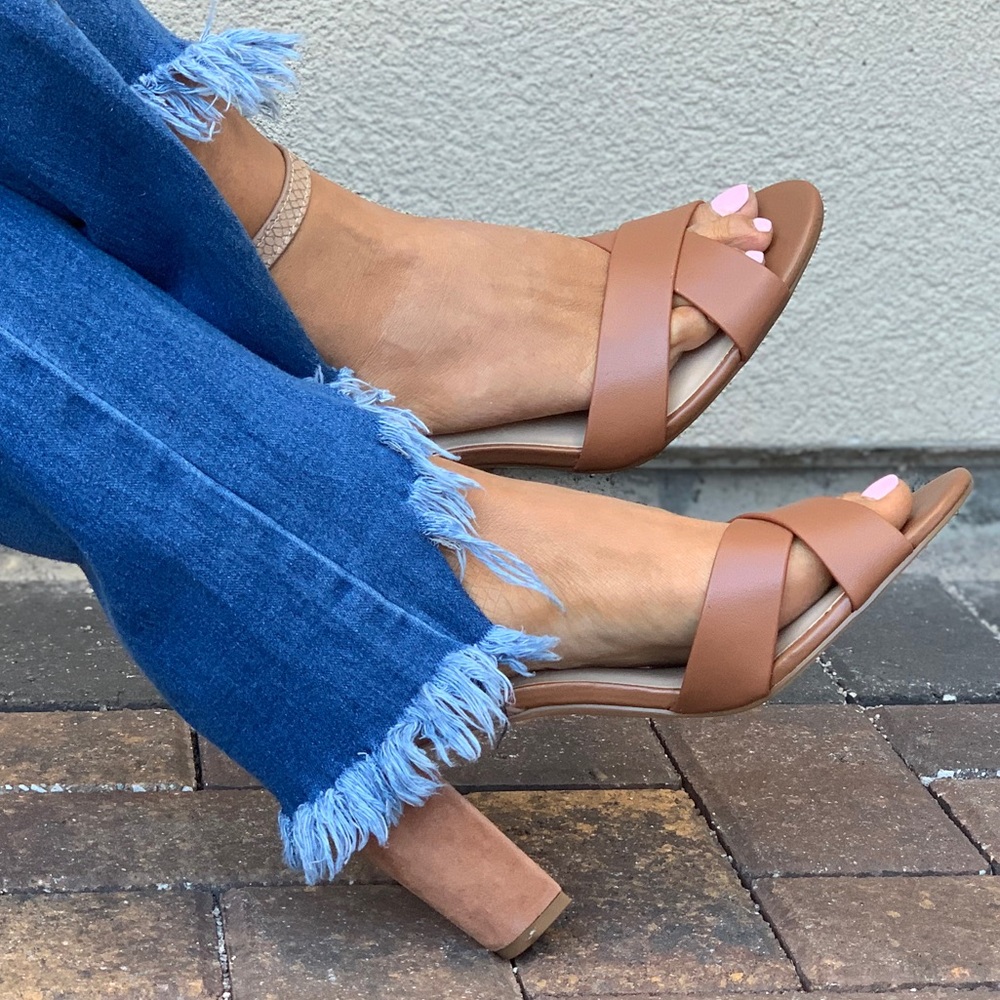 Cognac Ankle Strap Block Heel Leather Sandals - Picture 4 of 8